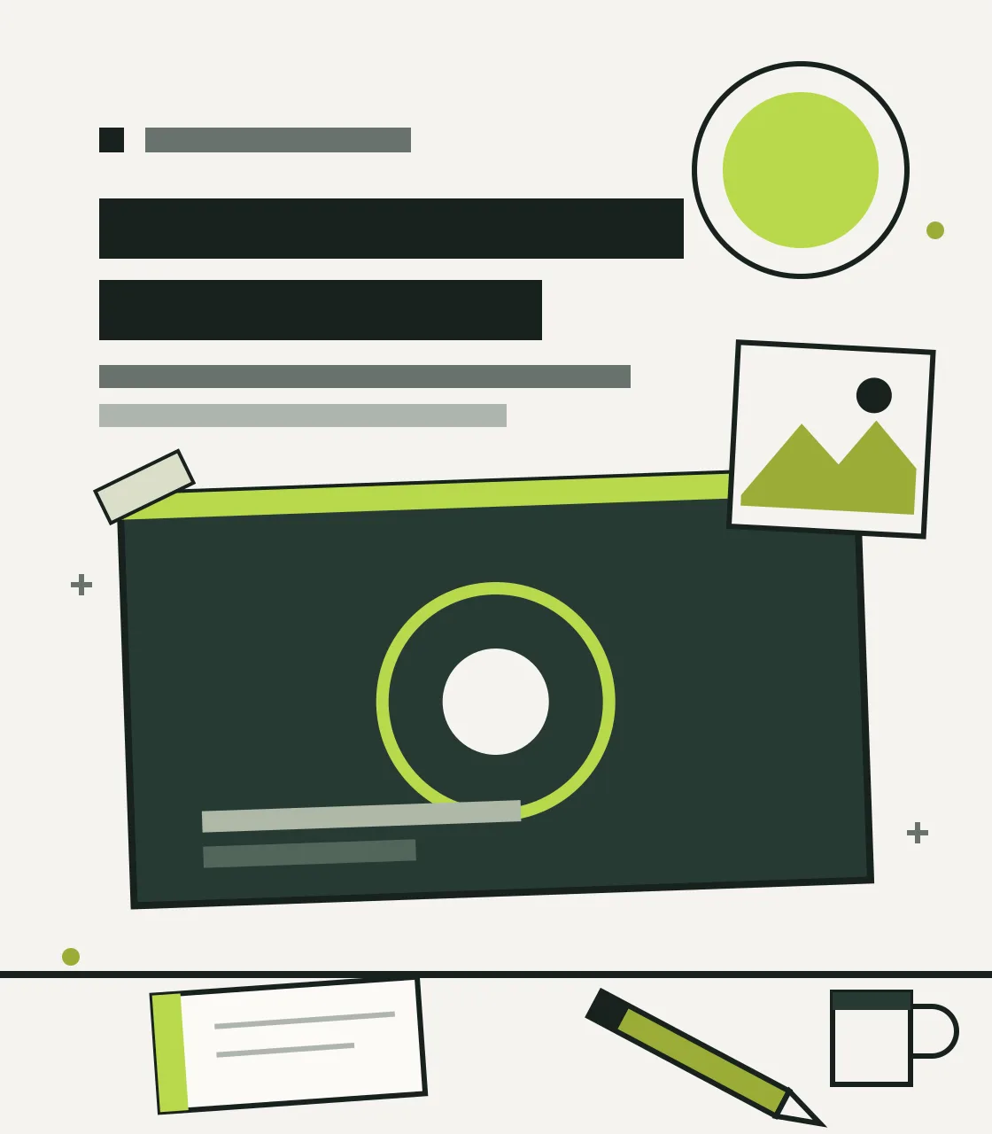 Editorial illustration of the ByteNepal studio wall with pinned prints, notebook and pencil